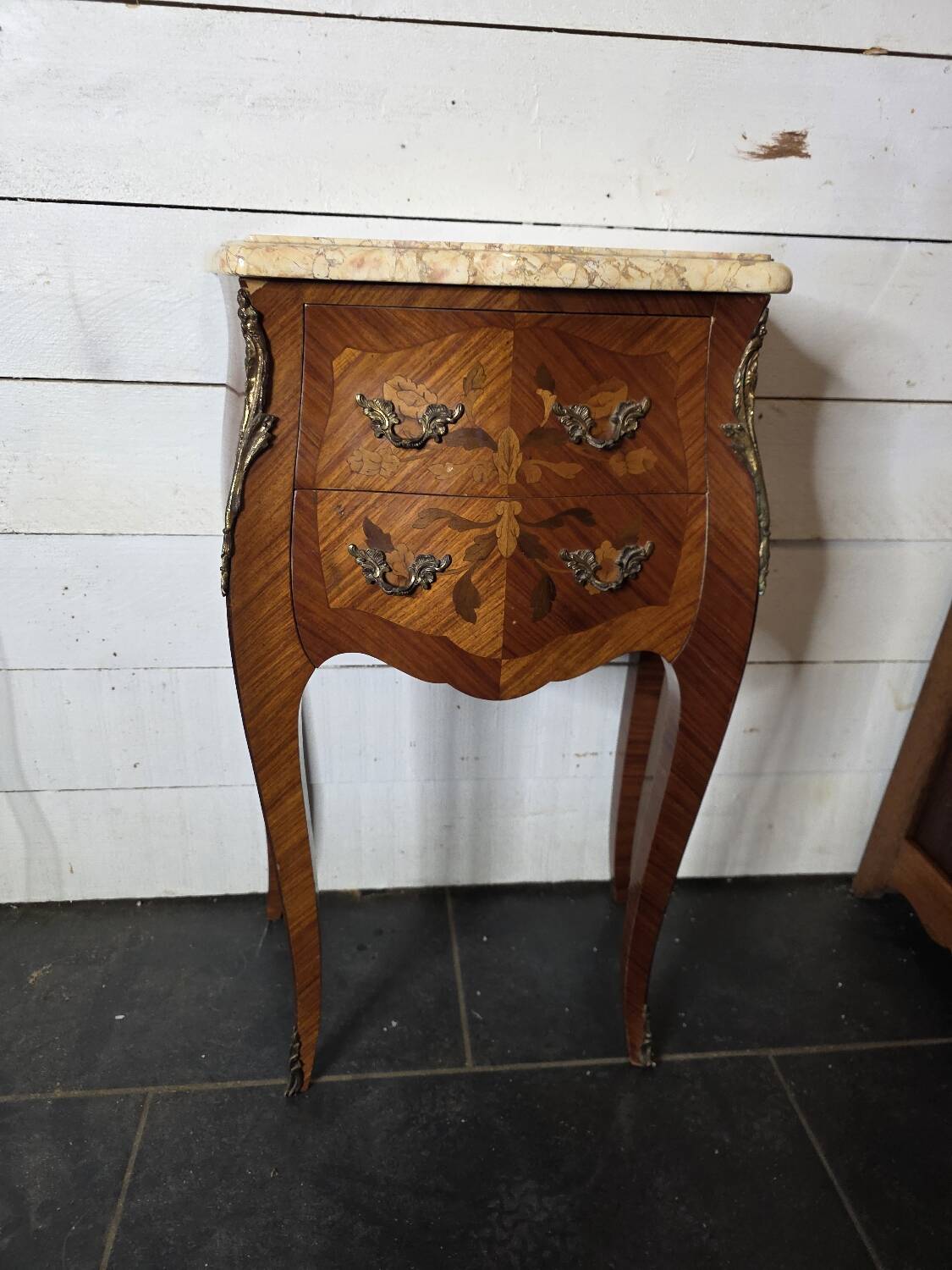 Louis XV style curved bedside table in marquetry