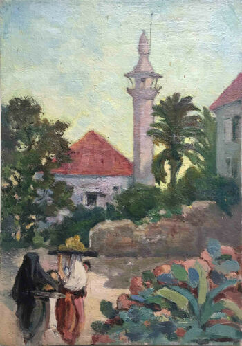 Tableau HSC Orientaliste "Femmes devant le Minaret" début XX° siècle
