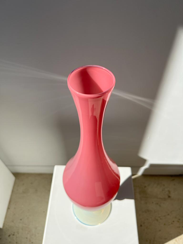 Vintage pink opaline glass vase, white foot h: 53cm