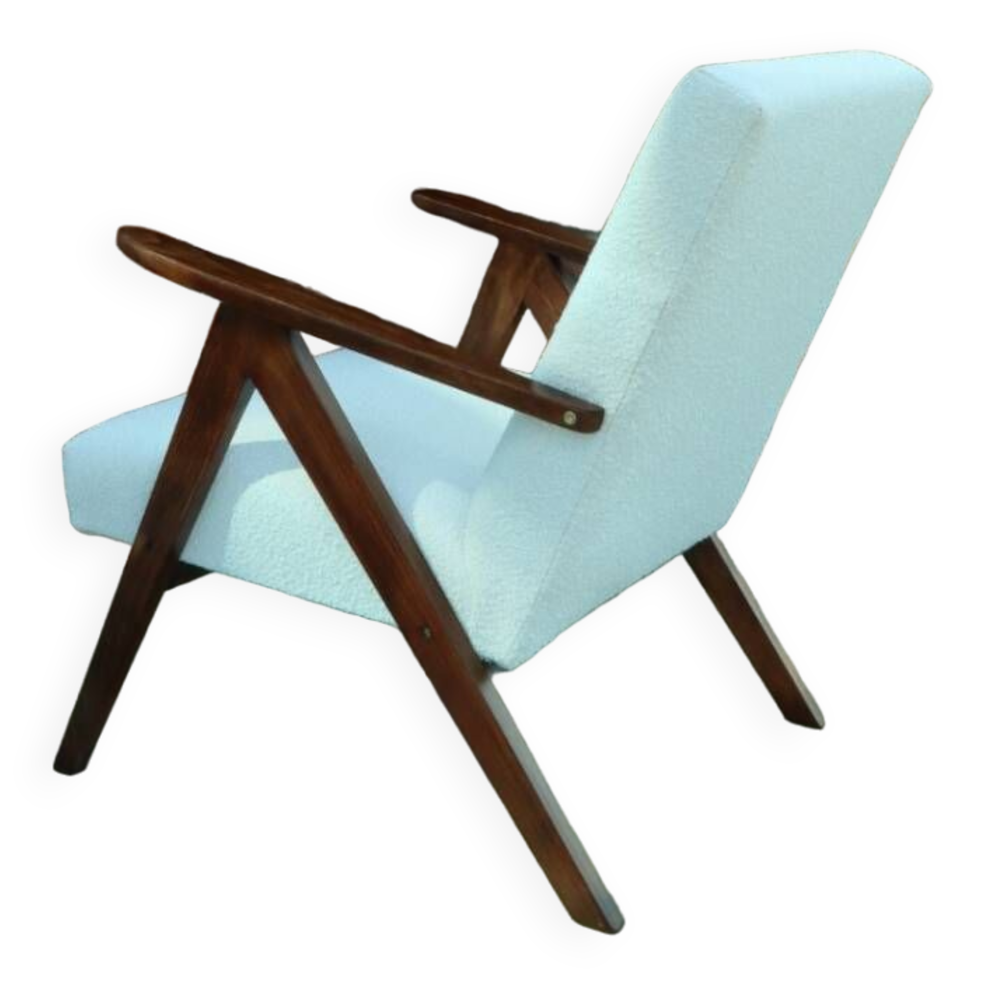 Vintage armchair mid century modern design white boucle dark walnut wood colour 1970 restored chair