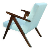 Vintage armchair mid century modern design white boucle dark walnut wood colour 1970 restored chair