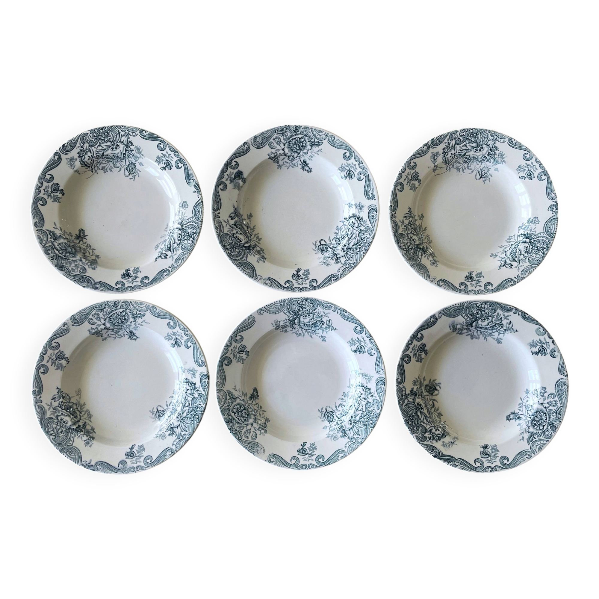 6 assiettes creuses anciennes en faïence de Clairefontaine
