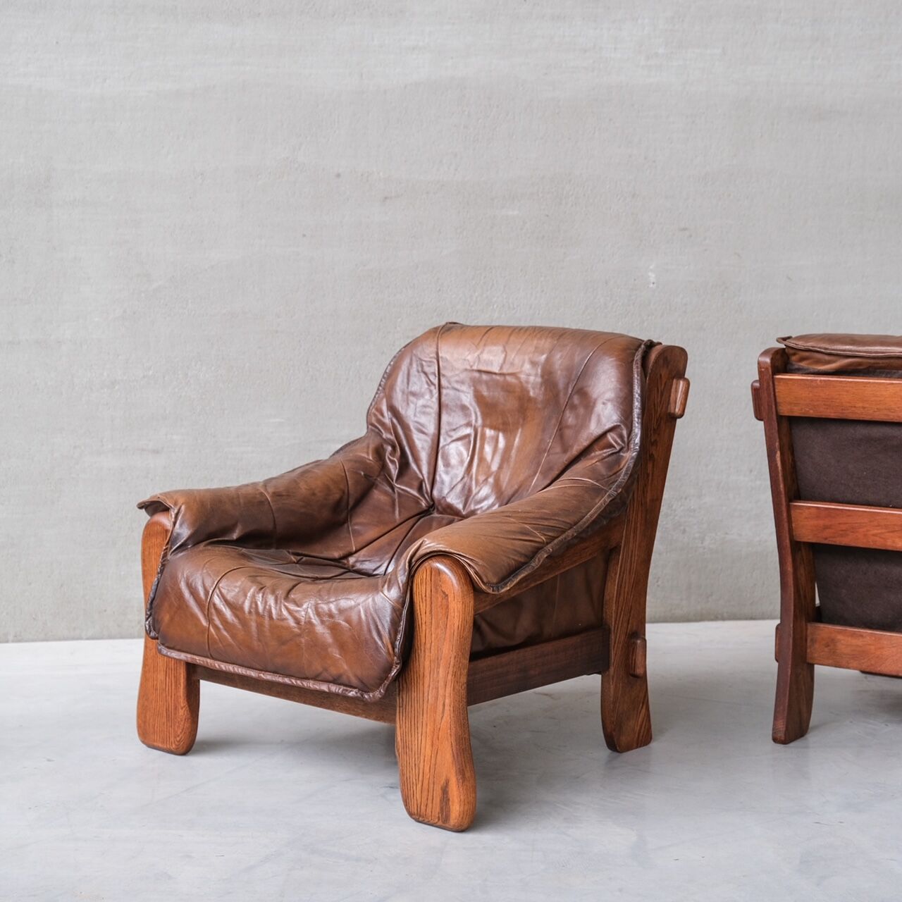 Pair of Oak Brutalist Leather Mid-Century Armchairs