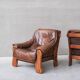 Pair of Oak Brutalist Leather Mid-Century Armchairs