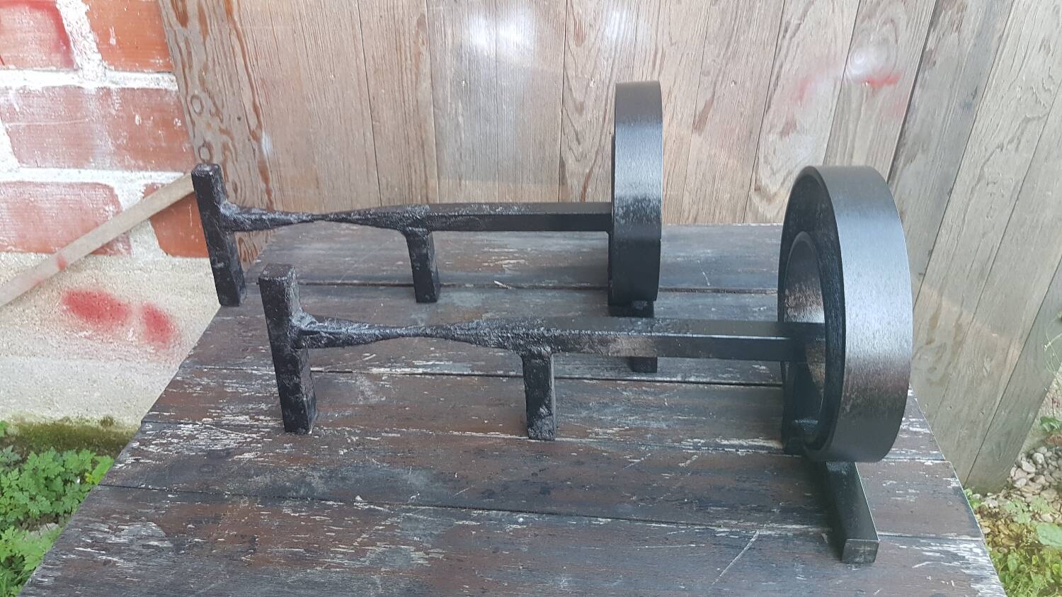 Pair of wrought iron fireplace andirons circular shape vintage