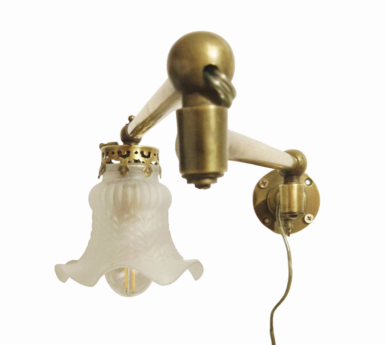 Vintage Brass and Molded Frosted Glass Articulated Wall Sconce - Style A