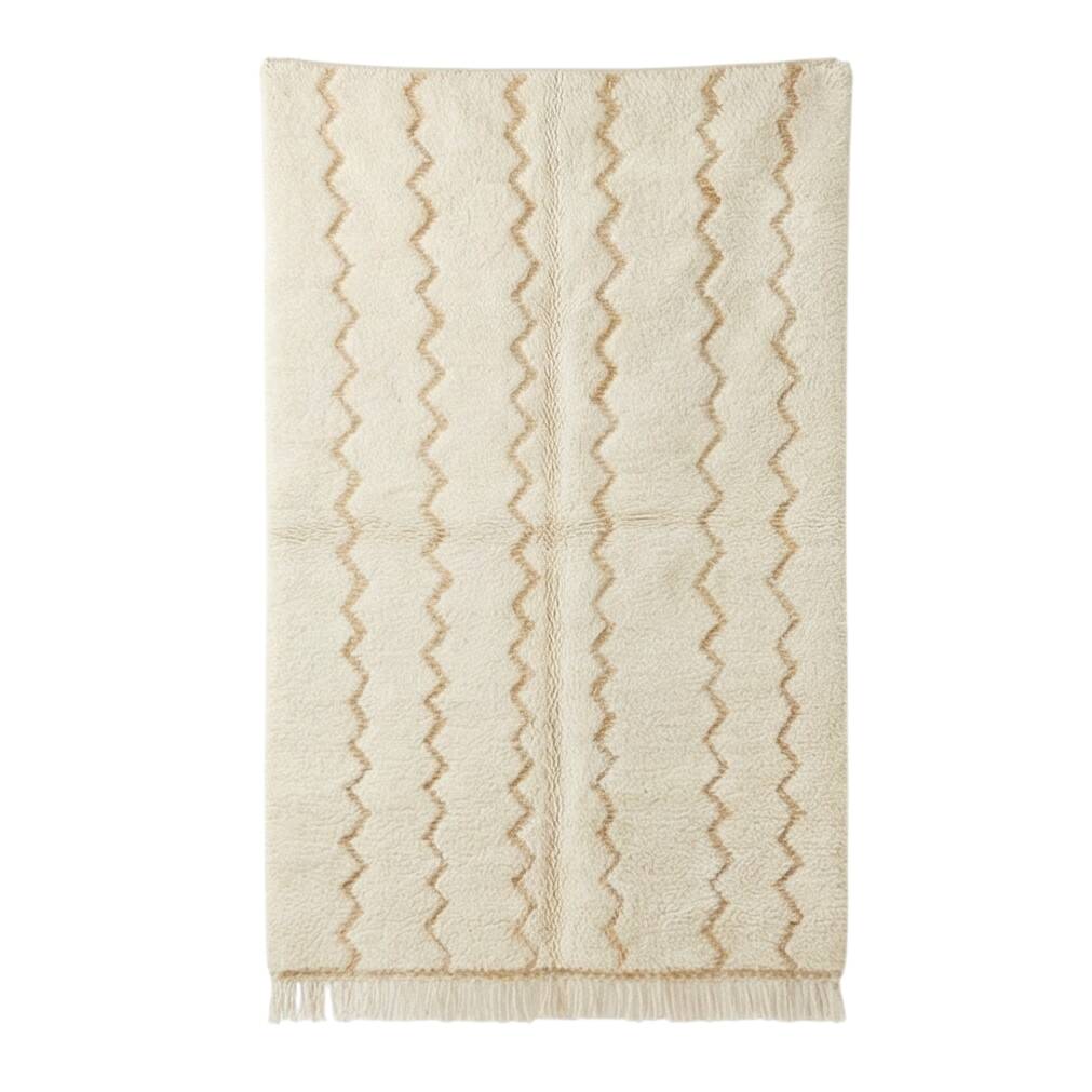 White Moroccan rug in wool with yellow zigzag 150x250 cm