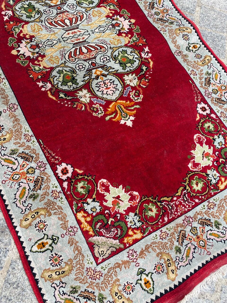 Vintage Turkish silk carpet handmade 74x146 cm