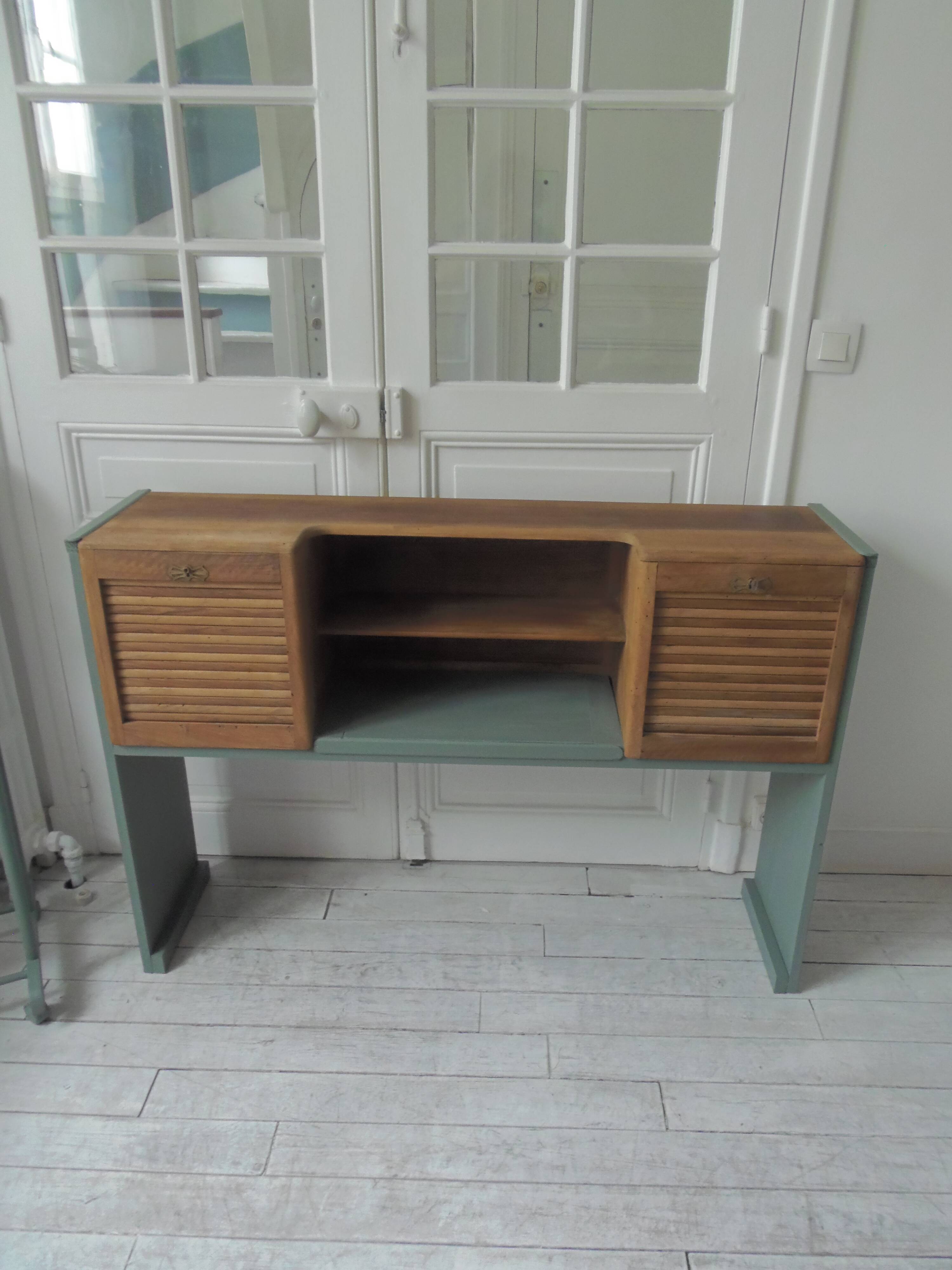 Console made with some old walnut elements. Unique smoky green piece.