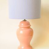 Decorative pink ceramic vase lamp - blue and white striped shade