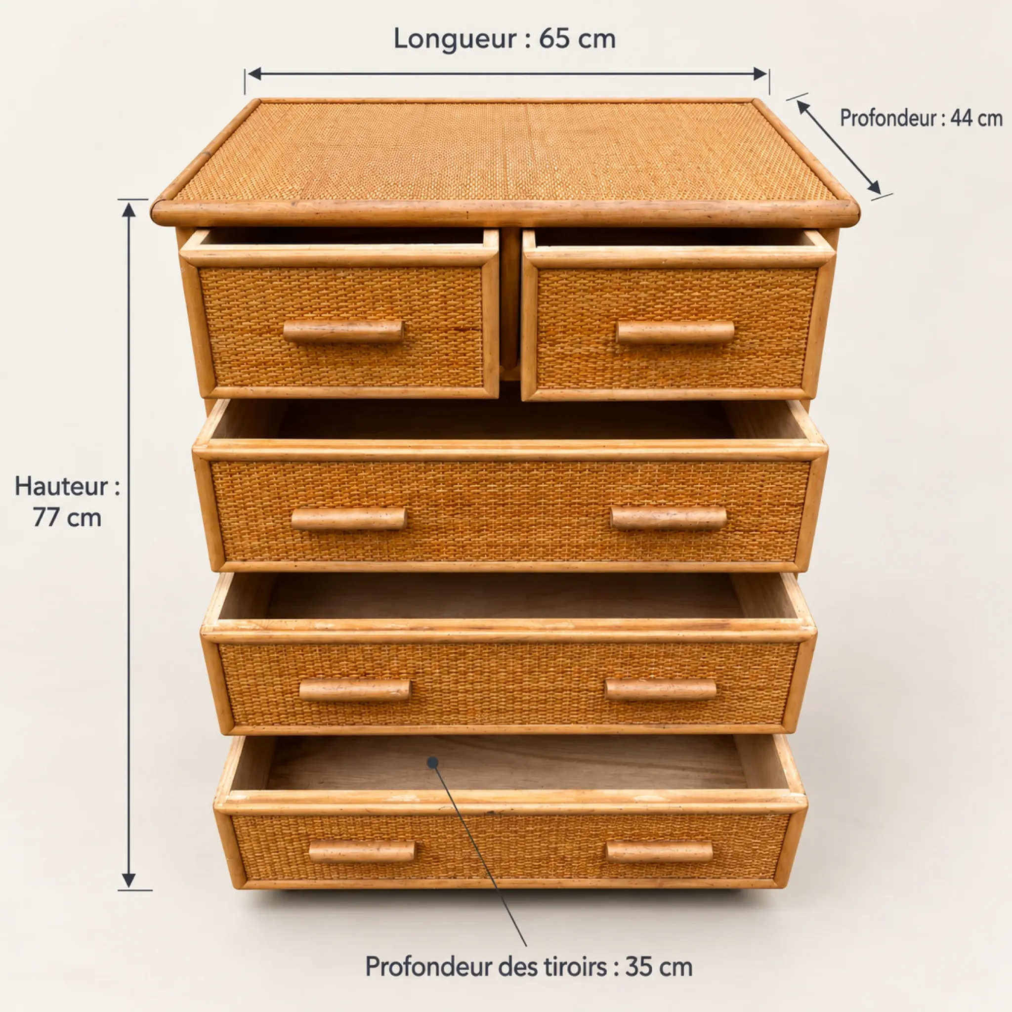 Vintage woven rattan commode with five drawers – bohemian style