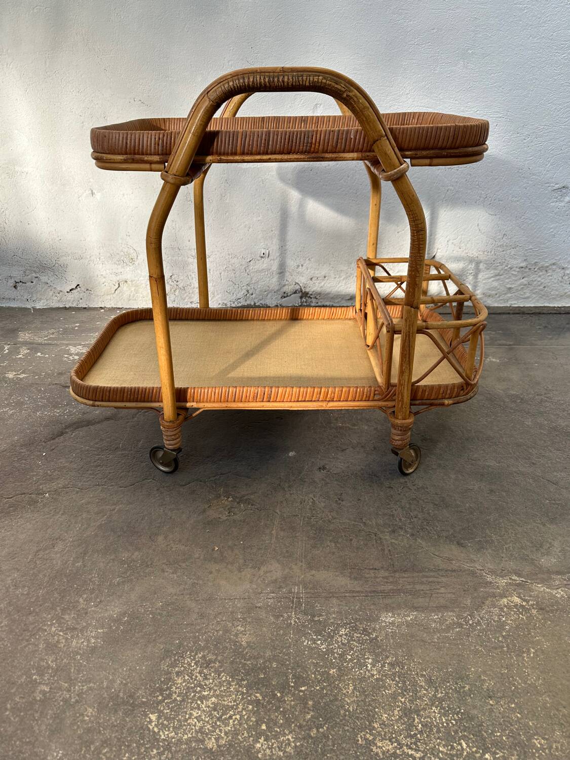 Rattan serving cart with removable tray