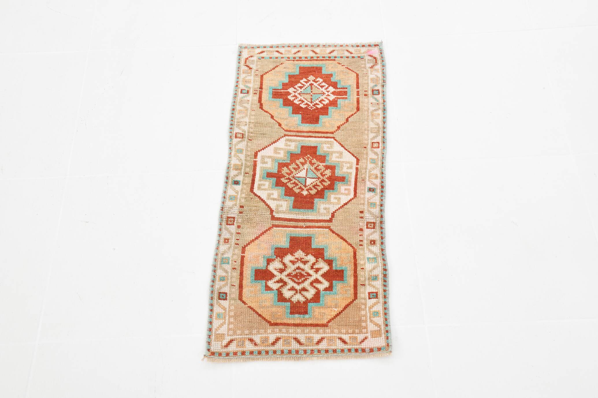 Beige & Red Small Size Vintage Wool Rug, Turkish Doormat Rug