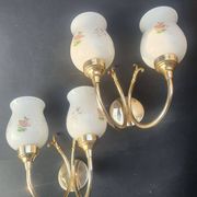Pair of vintage wall sconces in gilded brass and pink opaline glass.