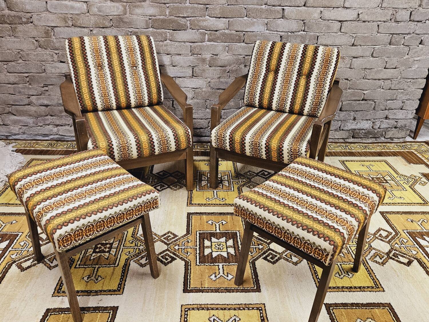 Pair of vintage Scandinavian armchairs with 2 Ottoman stools 1970