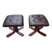 Set of 80s wooden faux leather footrests
