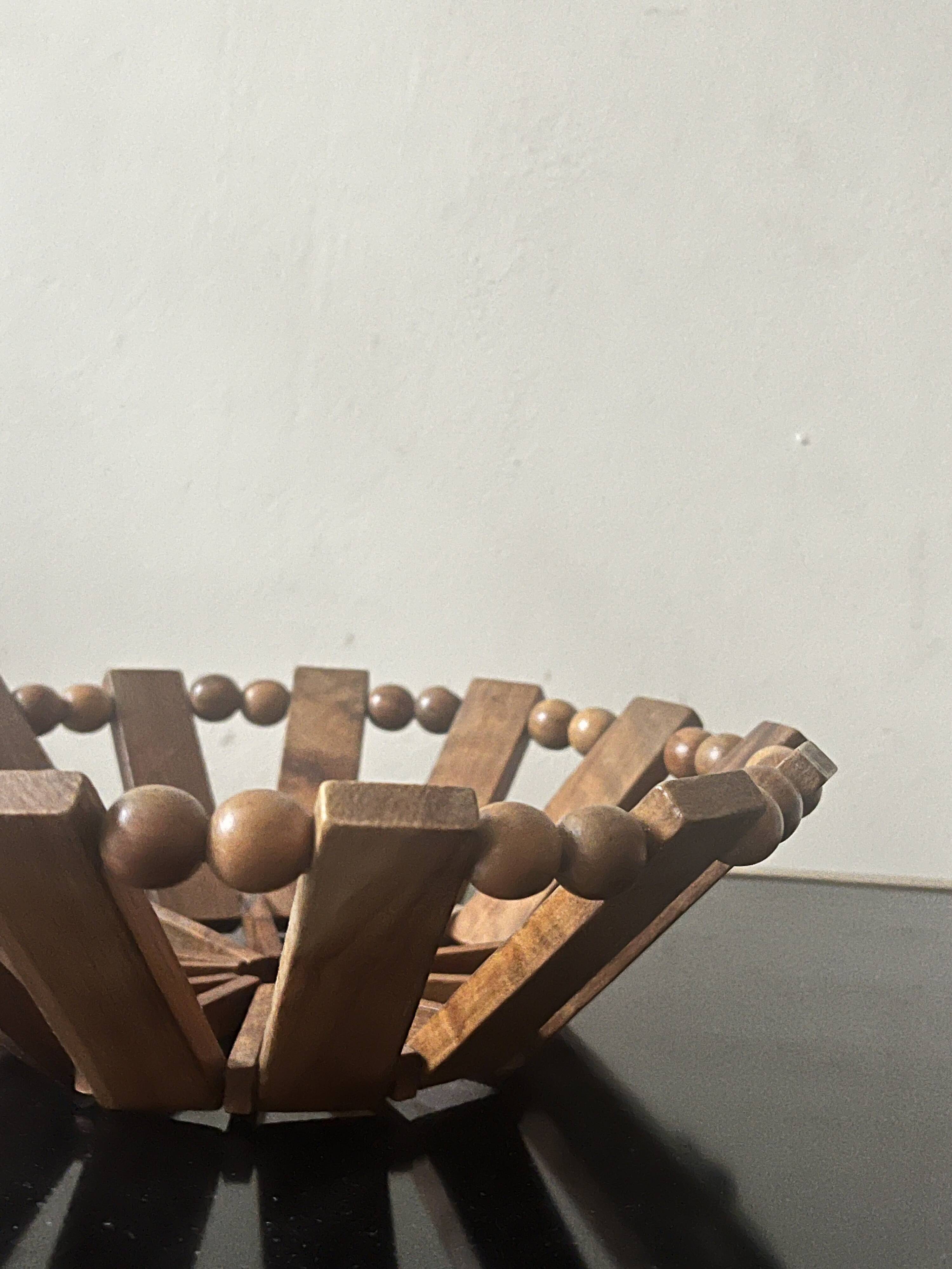 geometric olive wood basket, France 1970
