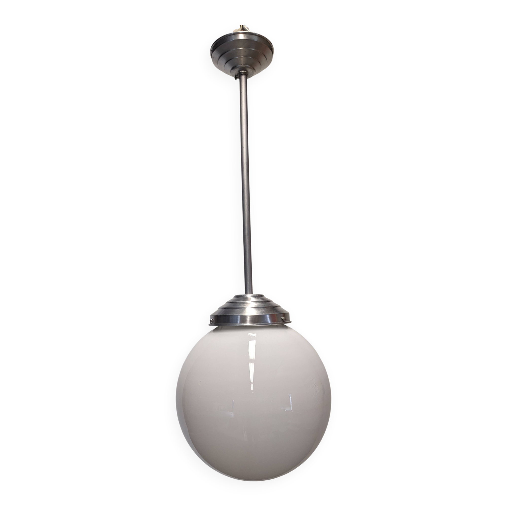 XL Art Deco white opaline suspension light, France circa 1920.