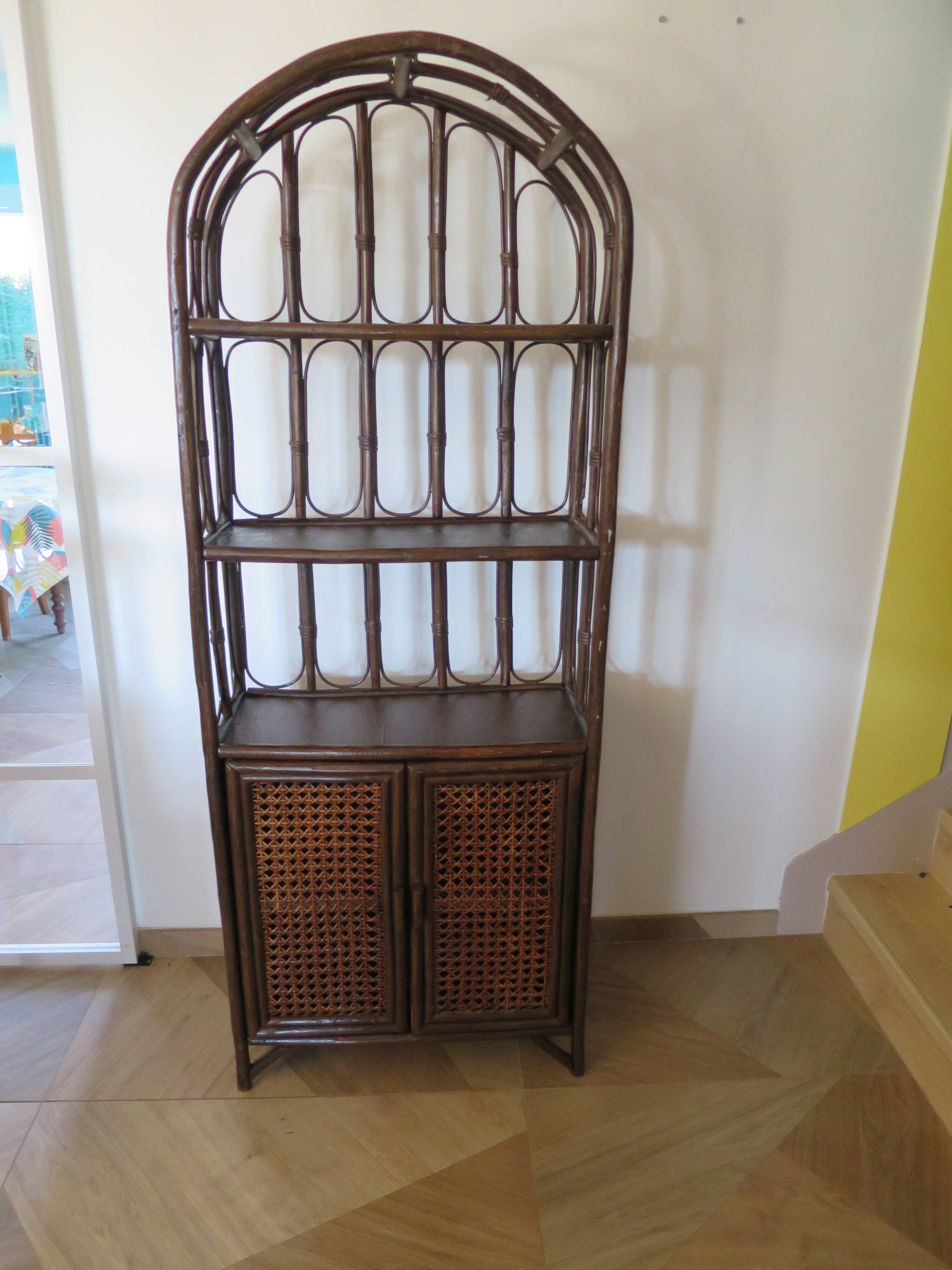 Retro-vintage-Low sideboard-library - cane-wood-rattan-1960s