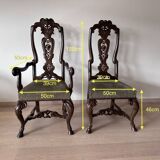 Neo-Renaissance walnut wood dining chairs: set of 6 + 2 armchairs