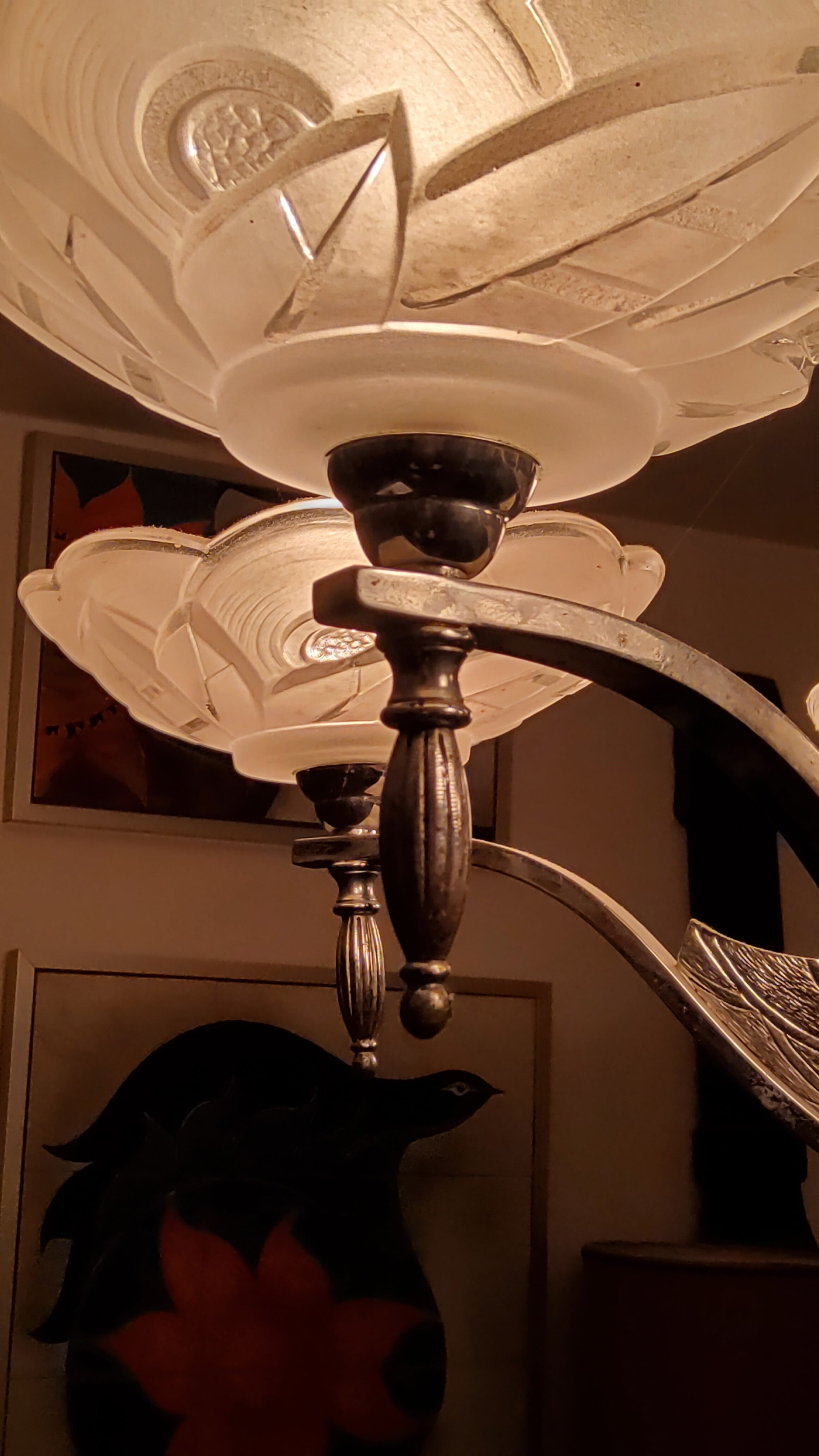 Art deco chandelier in chromed metal and glass 6 arms of lights