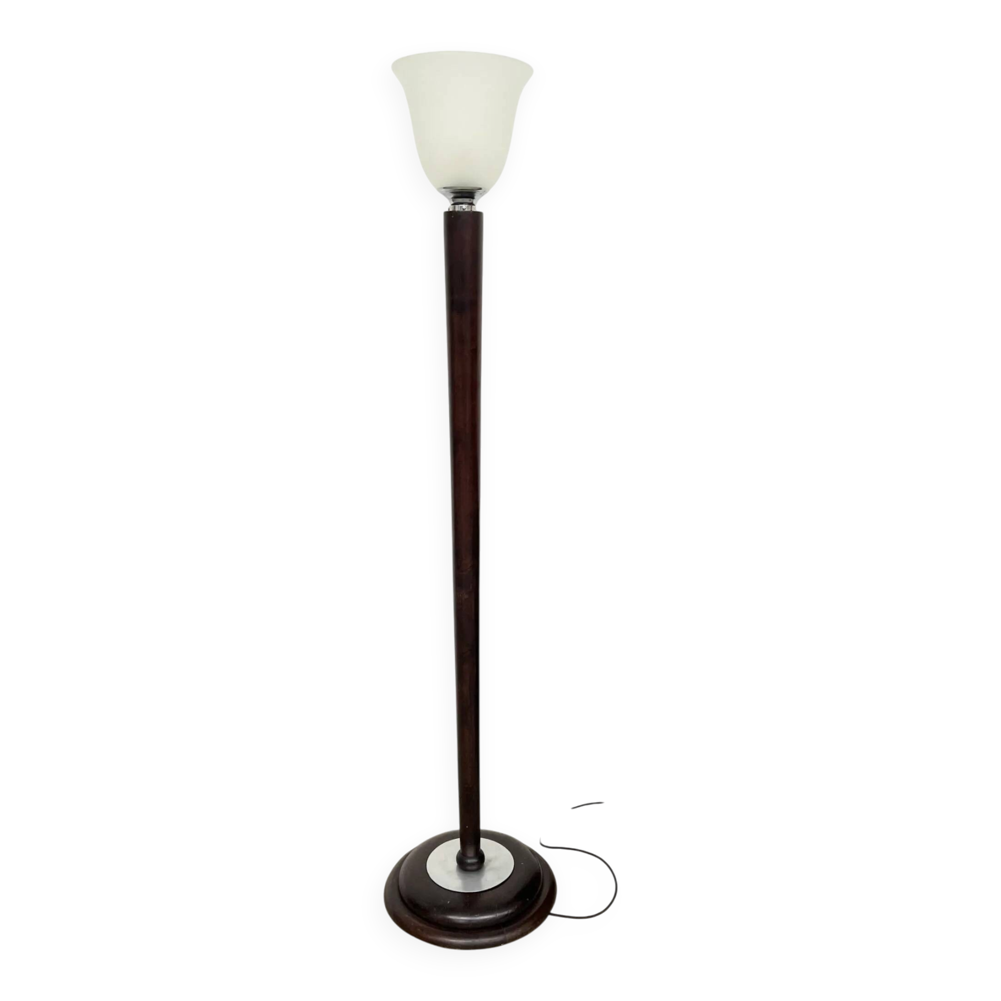 Mazda Art Deco floor lamp (1940s) – Stained wooden stem & frosted glass shade