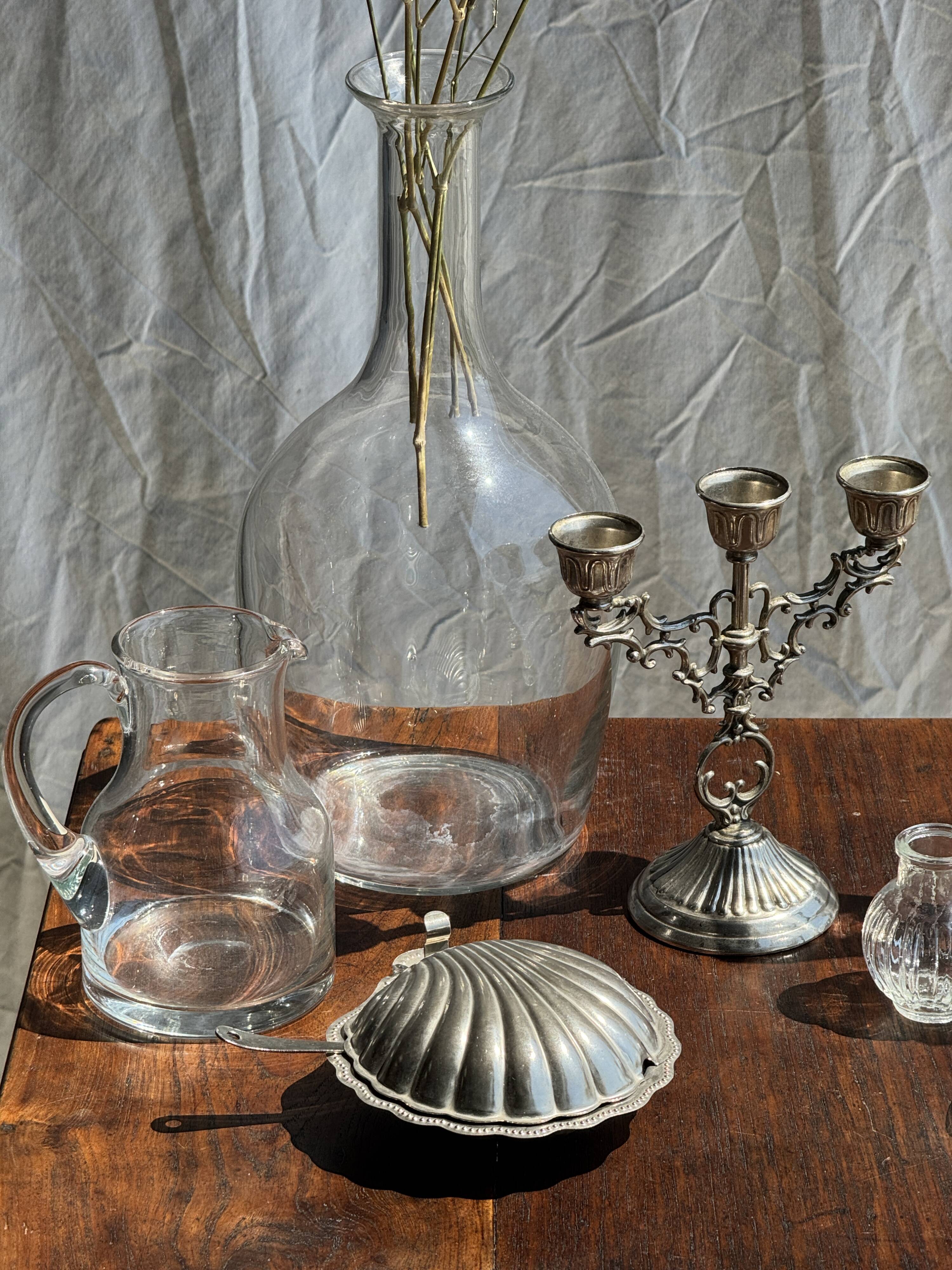Vintage silver-plated metal shell butter dish with knife and glass bowl