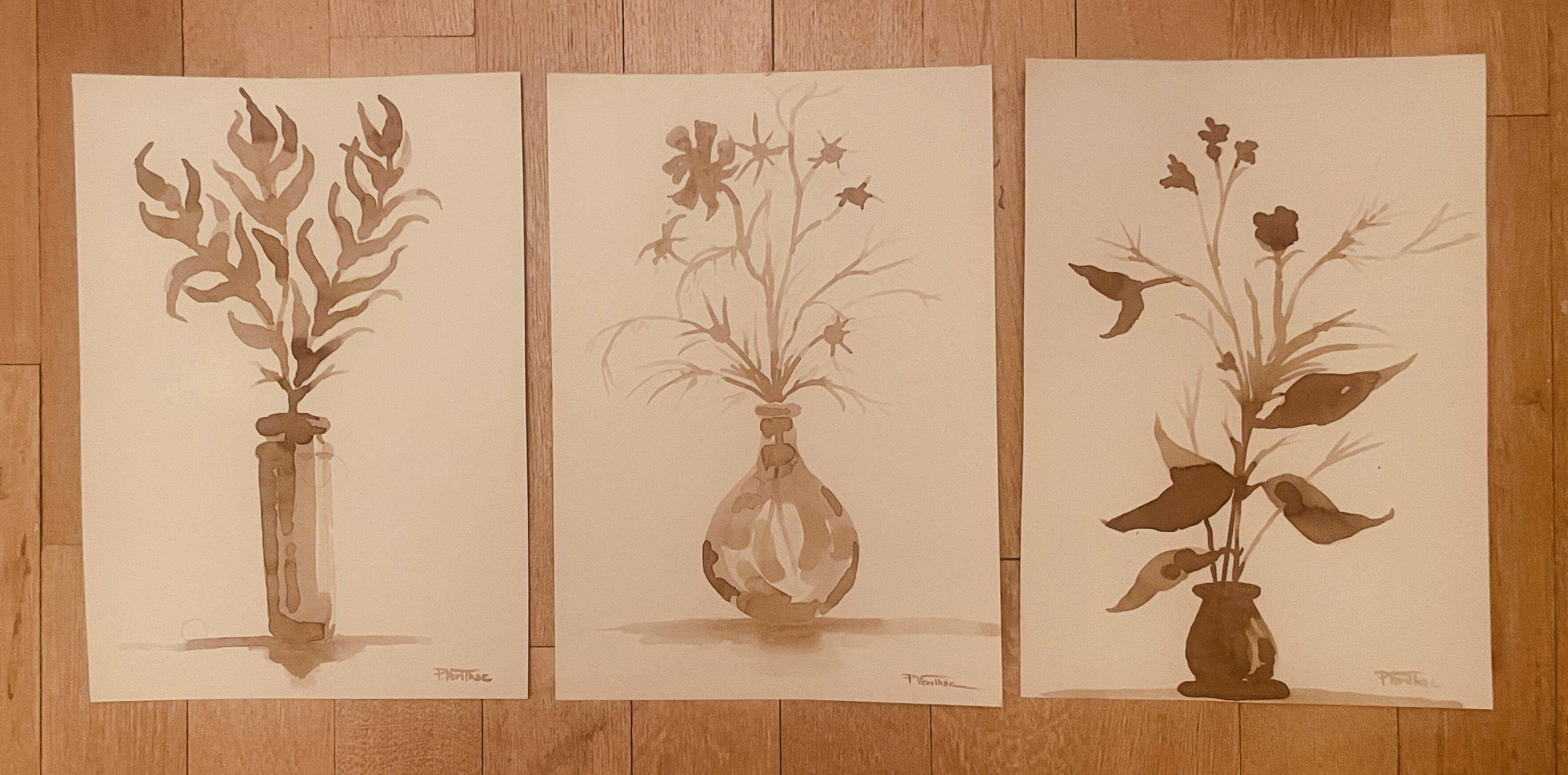 Lot de 3 tableaux nature morte vases fleurs séchées style Wabi Sabi