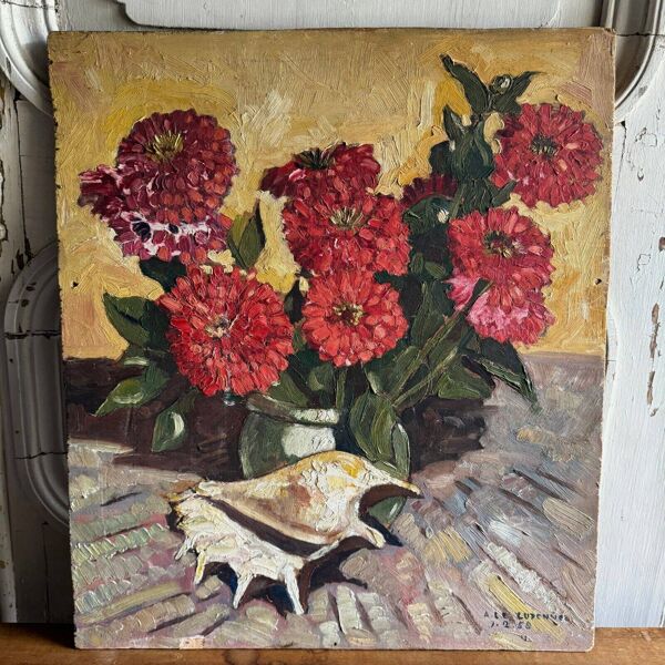 Huile sur panneau nature morte aux fleurs par A. Le Cudennec 1955