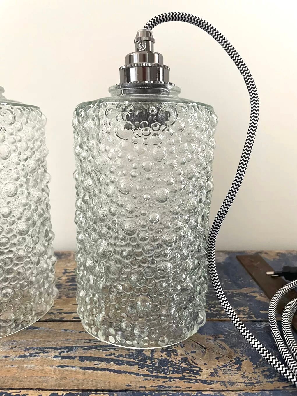 Set of two new vintage electrified bubble glass walking lamps
