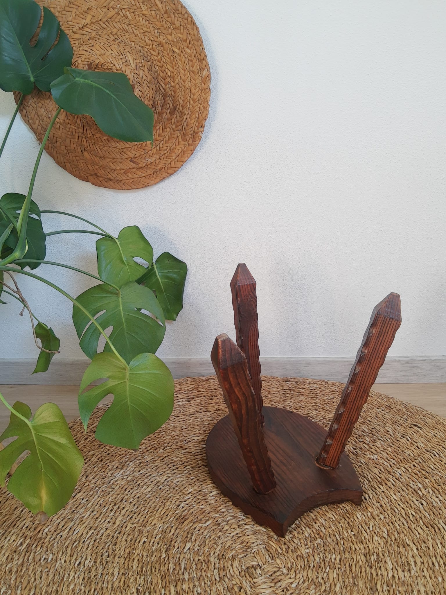 Wooden tripod brutalist farm stool vintage
