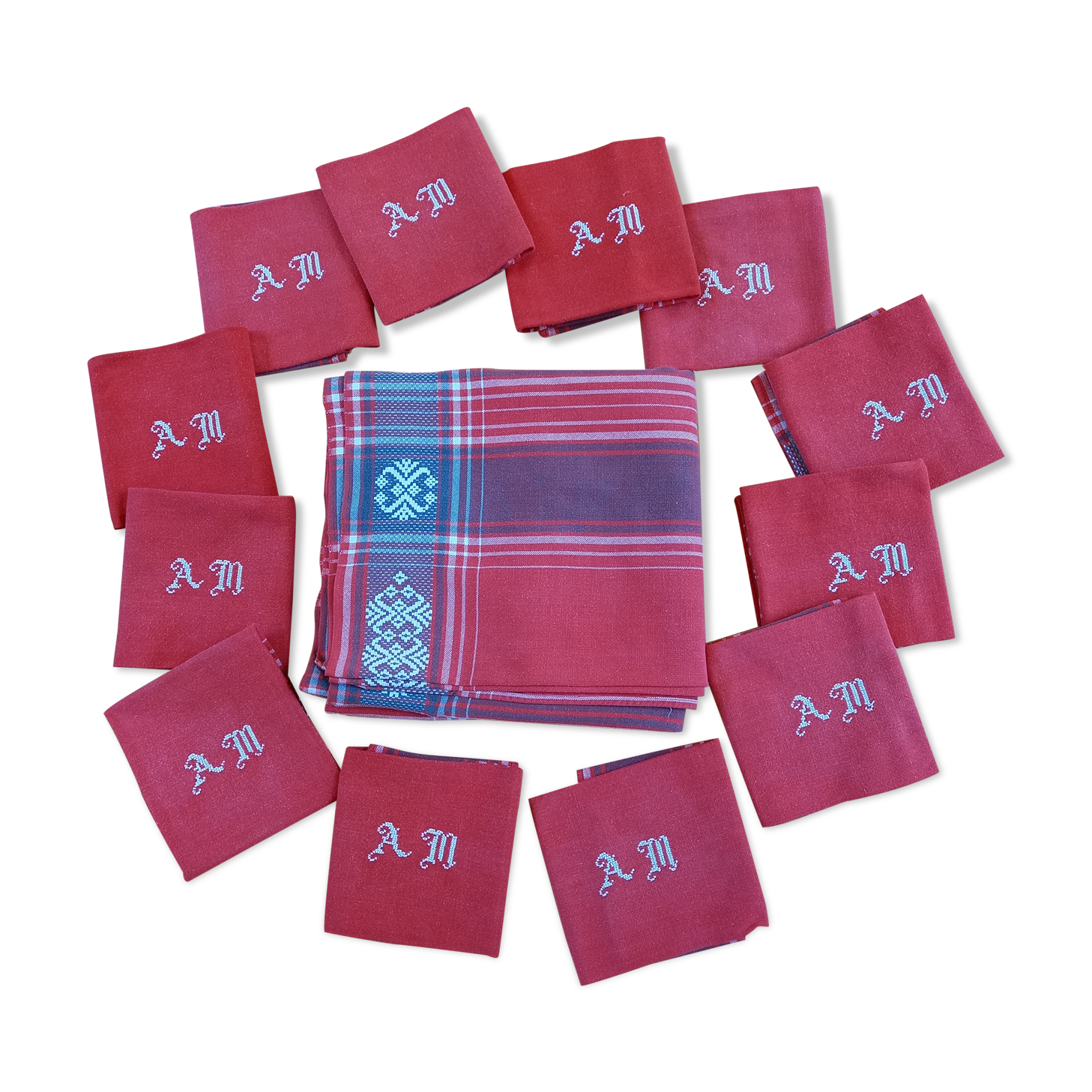 Vintage tablecloth and its 12 monogrammed red cotton towels AM