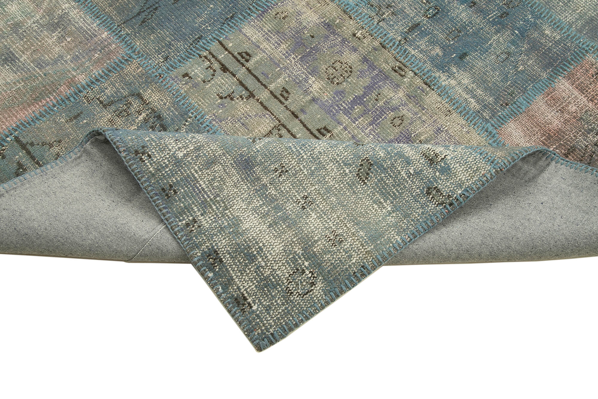 Handwoven turkish contemporary 175 cm x 242 cm blue patchwork carpet