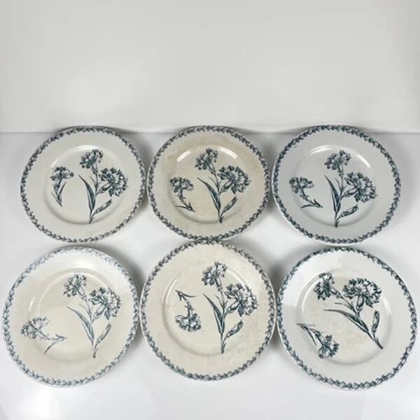 Lot de 6 assiettes à dessert modèle ''Oeillet'', KG Lunéville, terre de fer, XIXème siècle