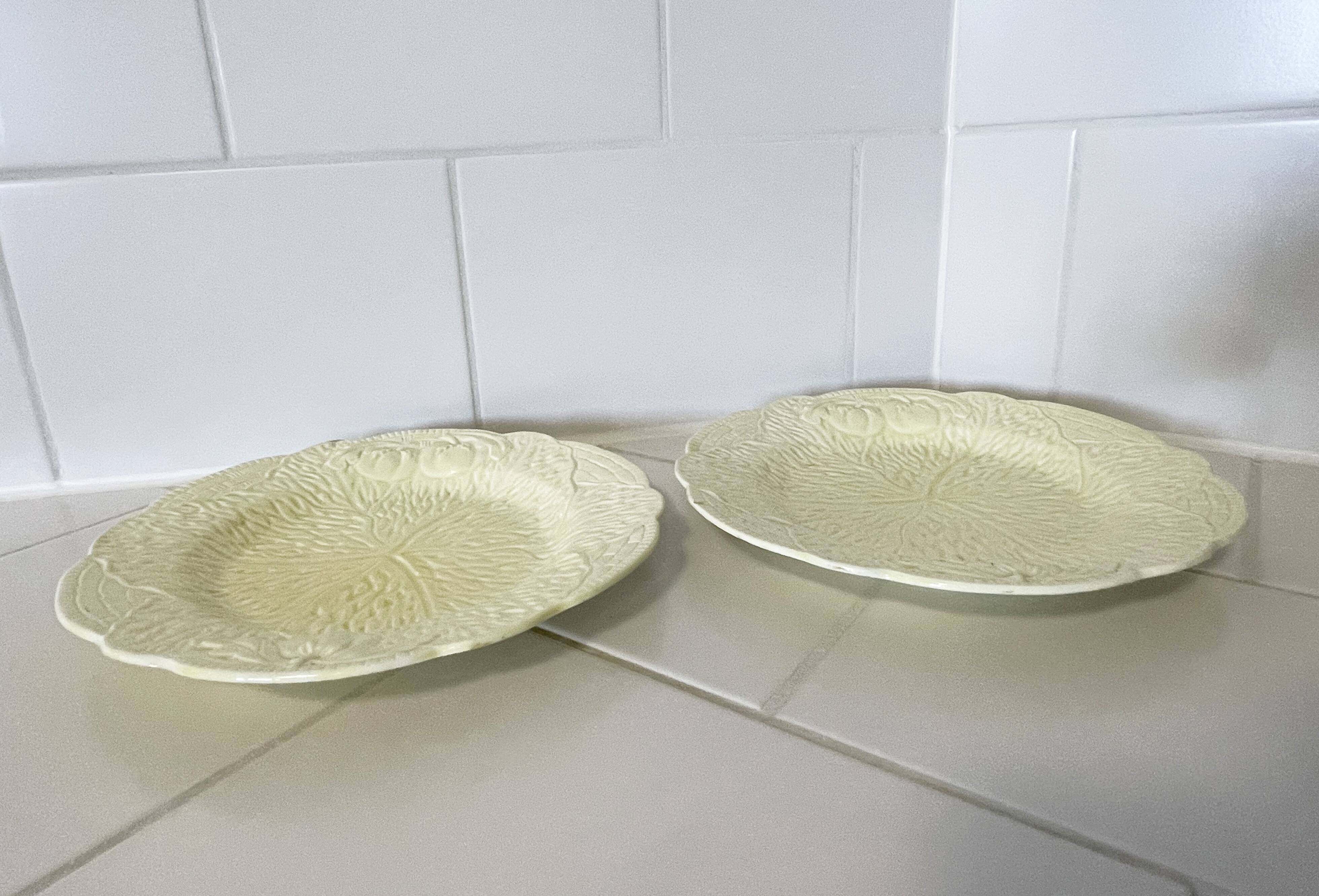 Pair of Yellow Midwinter England Majolica Dessert Plates, Cabbage Leaf