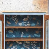 Buffet vitré ancien en bois massif bleu, rénové