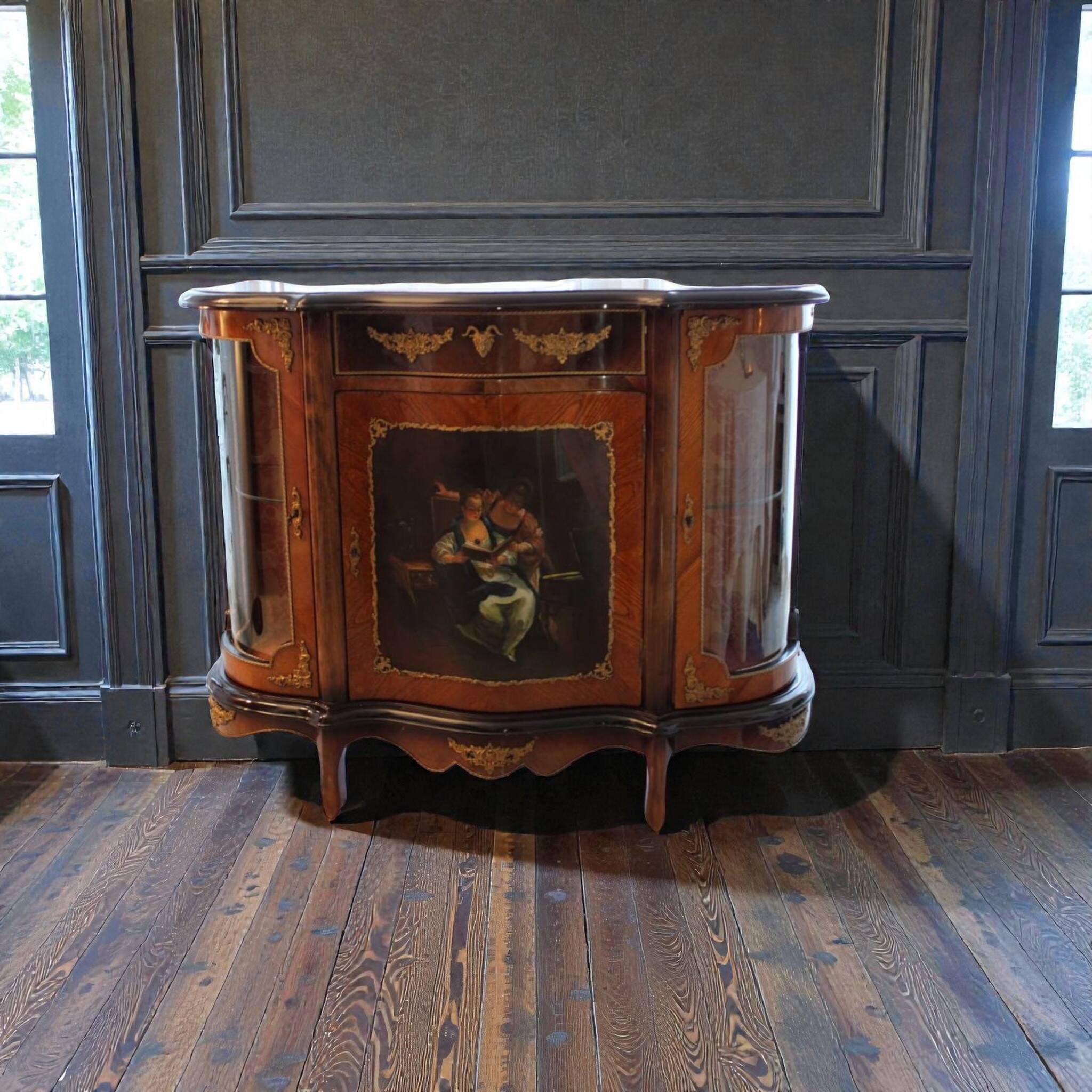 Buffet Louis XV – Peinture centrale et marqueterie bronze