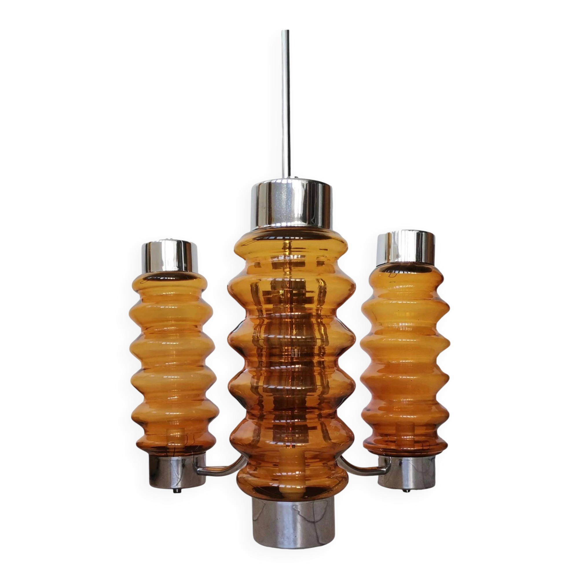 Mid Century Modern large chandelier with amber glass