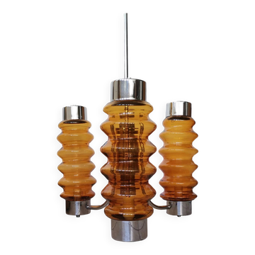 Mid Century Modern large chandelier with amber glass