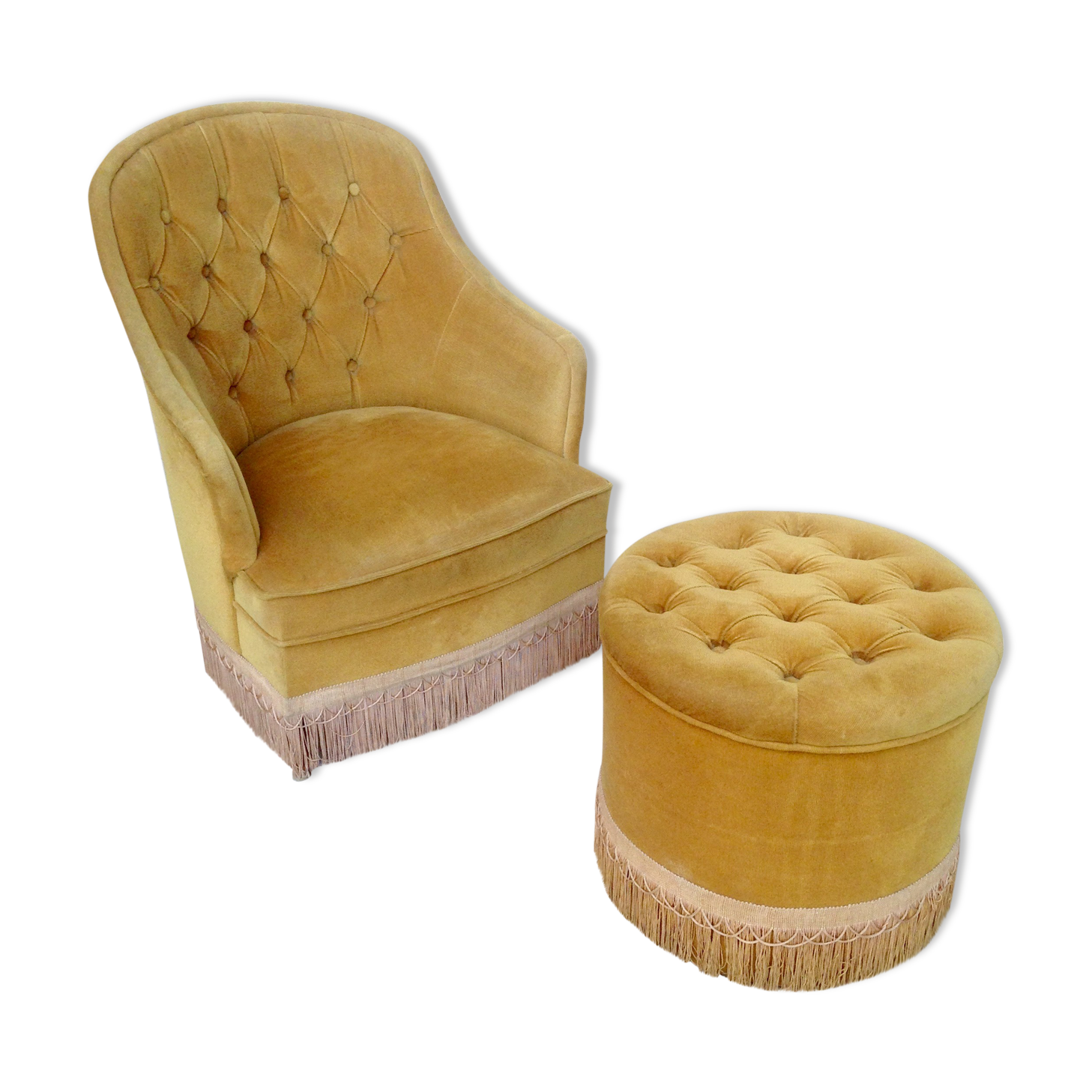 Armchair toad and his ottoman velvet mustard years 60