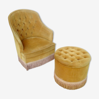 Armchair toad and his ottoman velvet mustard years 60