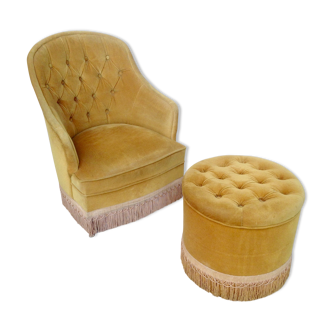 Fauteuil crapaud et son ottoman velours moutarde années 60