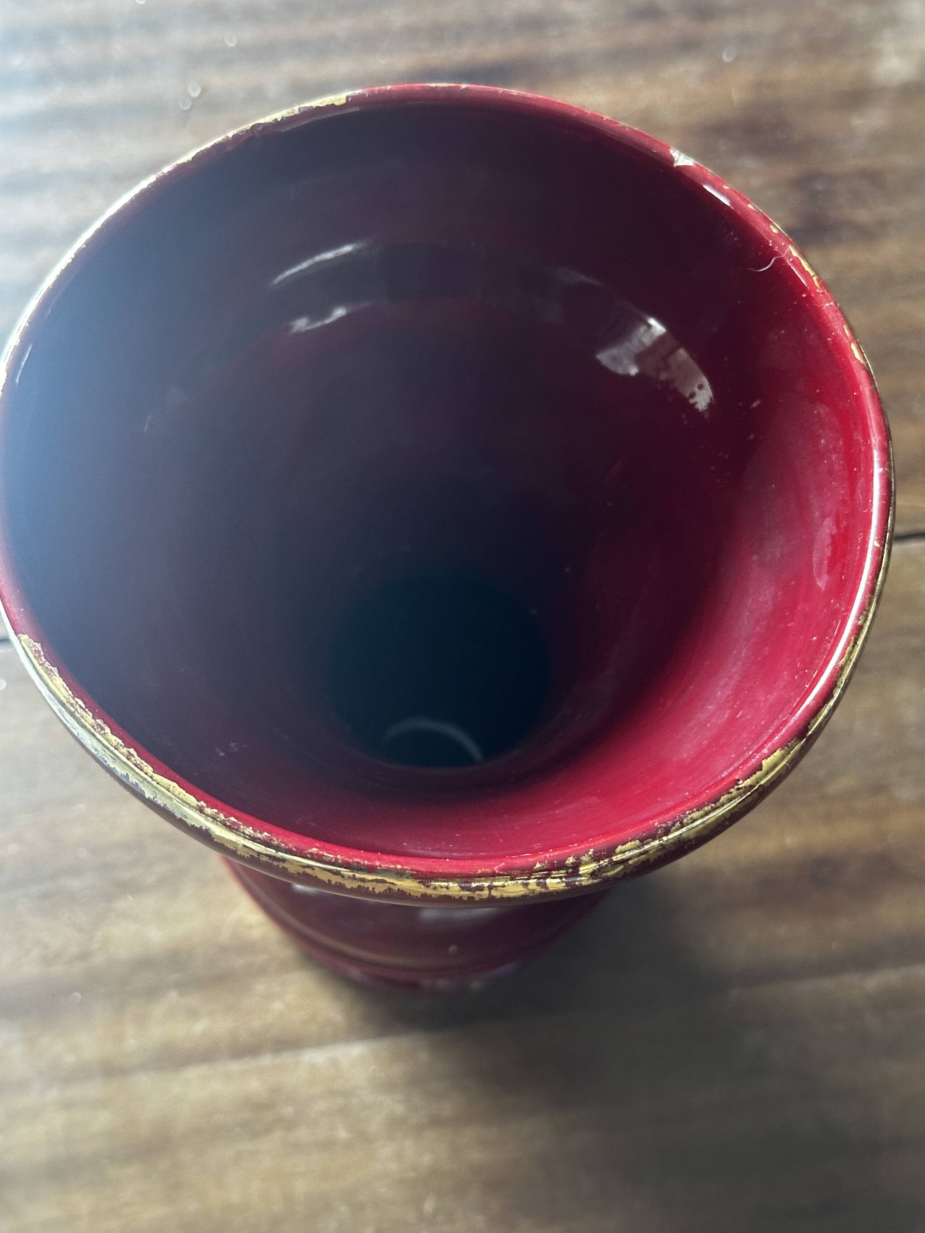 Ringed ceramic vase from Louviers, red and gold, 1950s