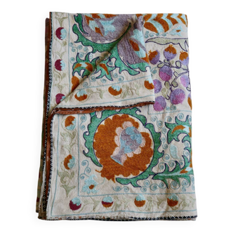 Antique hand embroidered silk suzani bedspread