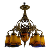 Gilded bronze and blown glass paste chandelier, Muller Frères, Art Deco