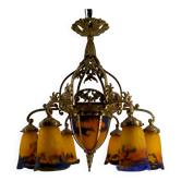 Lustre en bronze doré et pâte de verre soufflée, Muller Frères, Art Deco