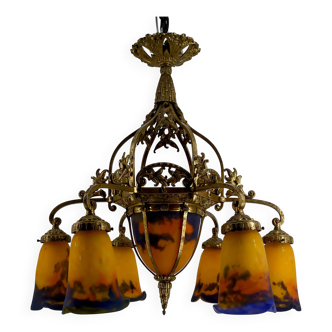 Lustre en bronze doré et pâte de verre soufflée, Muller Frères, Art Deco