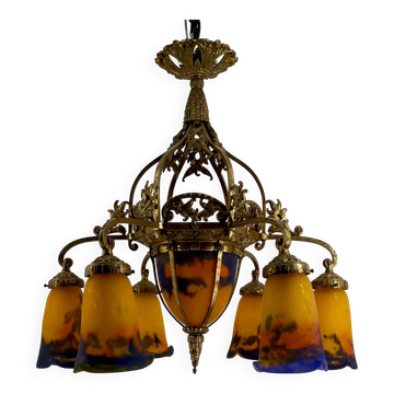 Gilded bronze and blown glass paste chandelier, Muller Frères, Art Deco