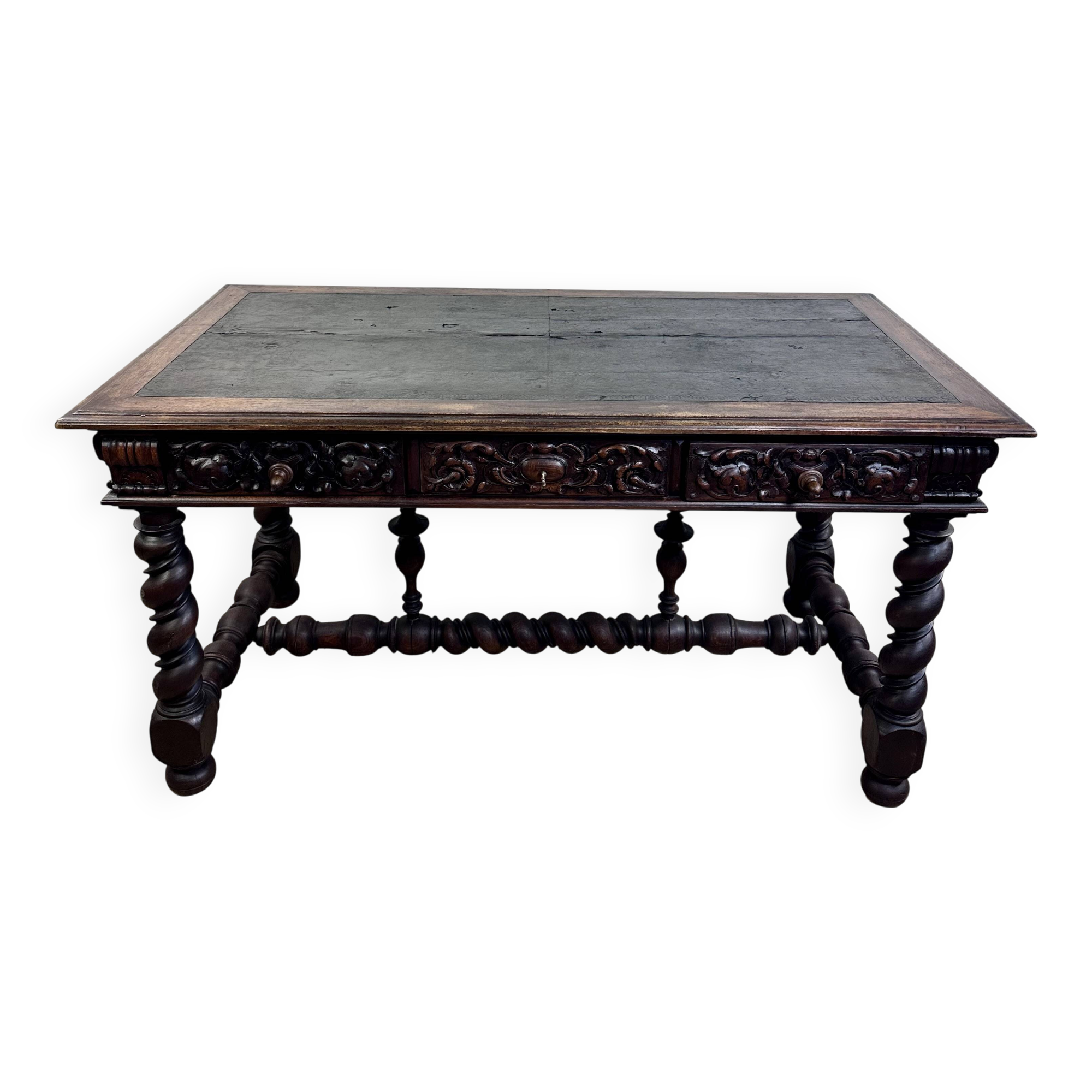 Louis XIII style oak desk stamped Mombro Ainé 19th century
