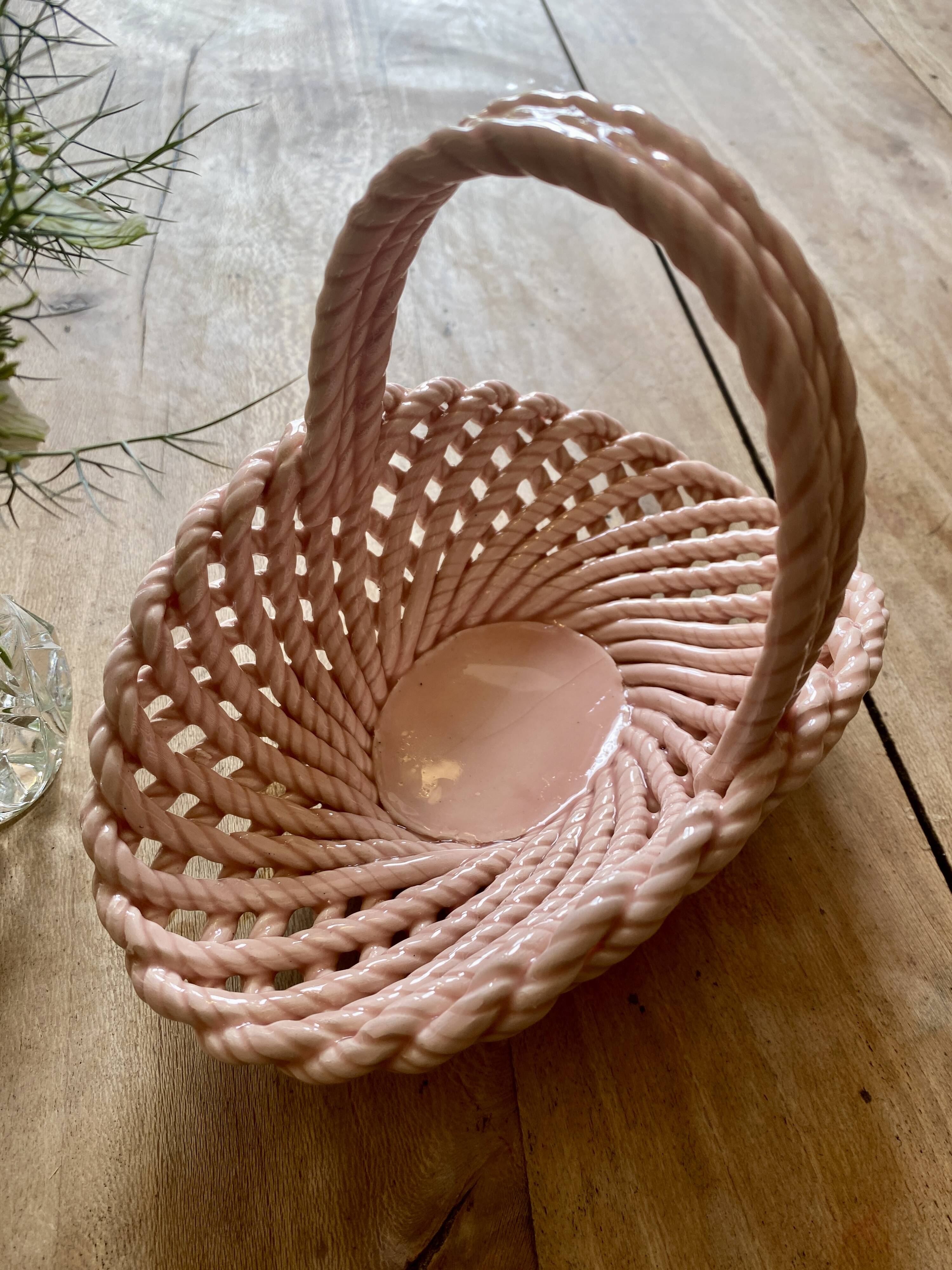 Vintage pink woven ceramic basket